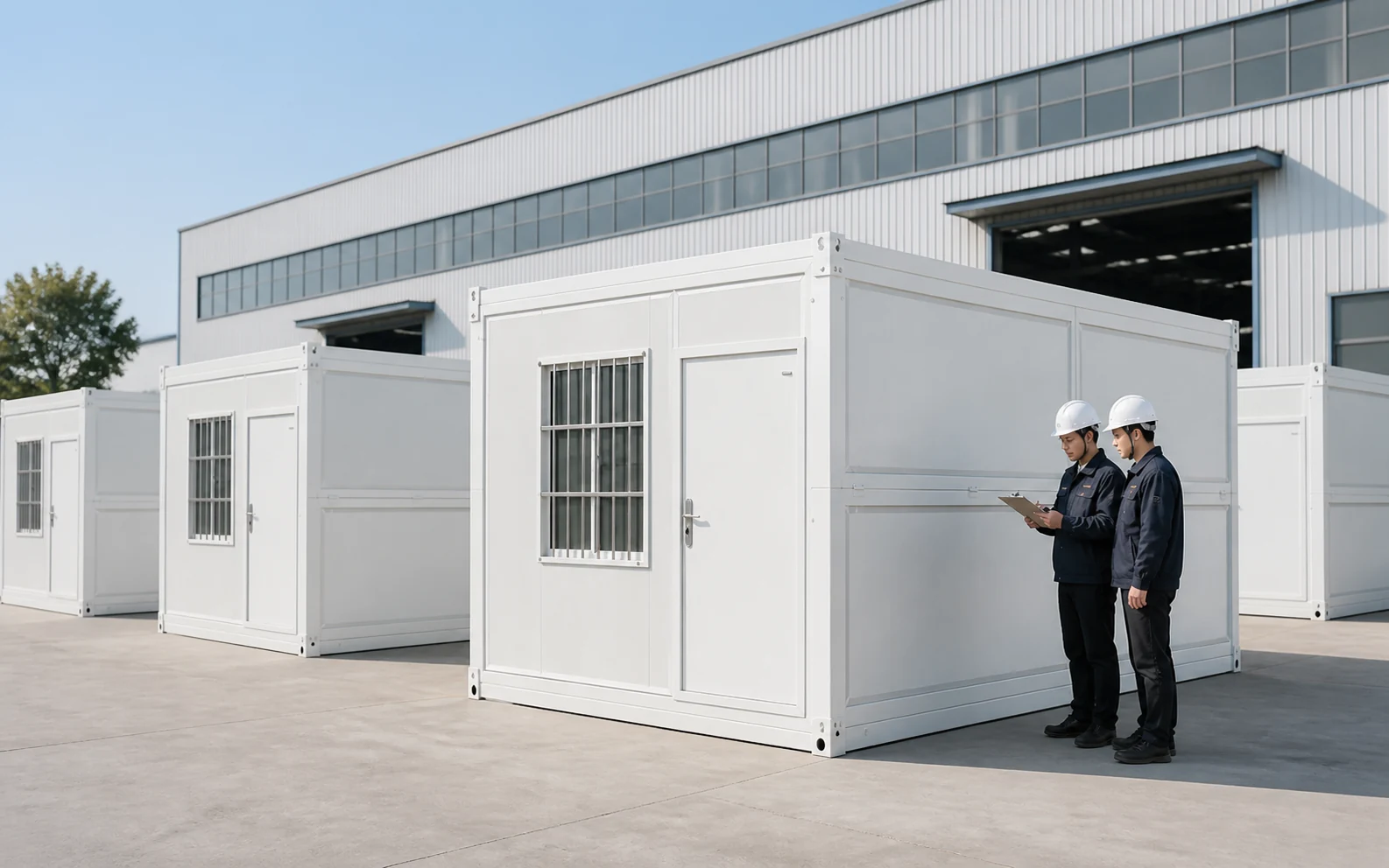 Completed modular houses undergoing factory inspection