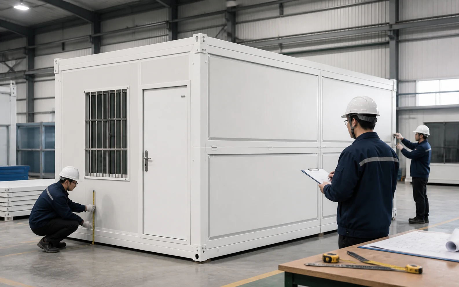 Factory team inspecting a folding container house
