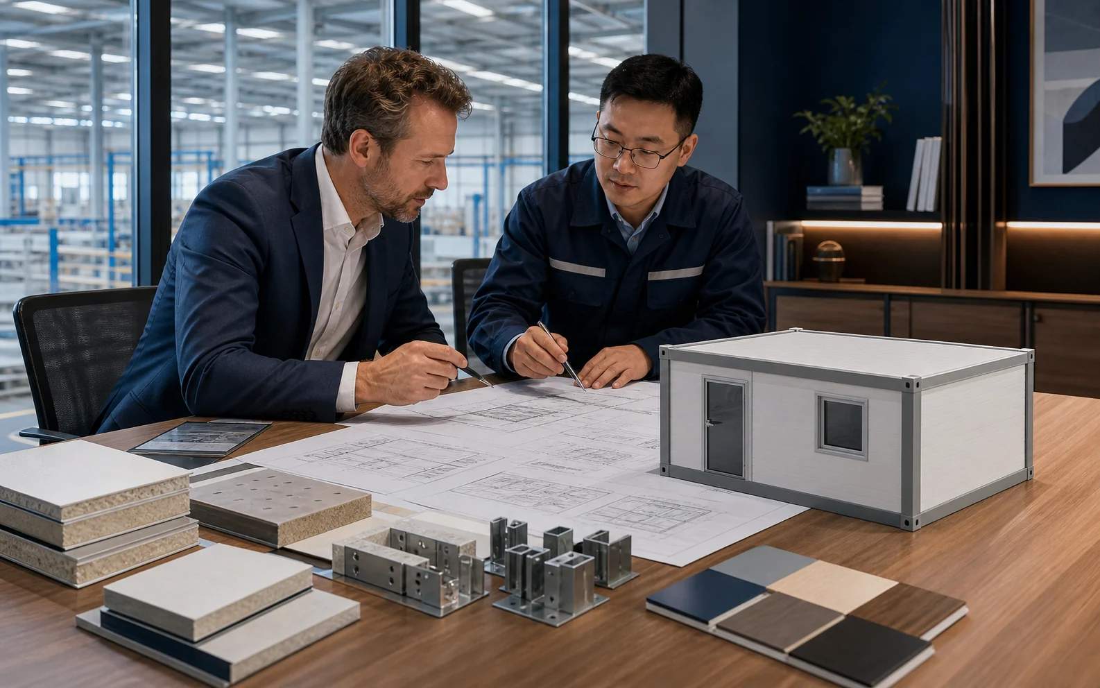 Buyer and engineer reviewing modular building plans and materials