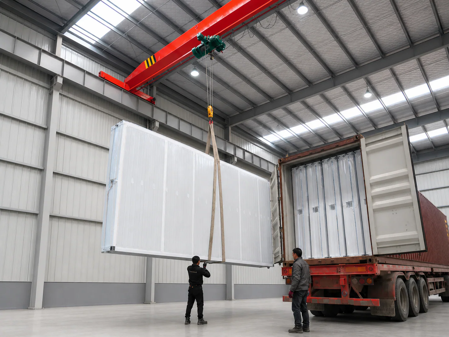 Folded container house units loaded vertically and secured inside a shipping container